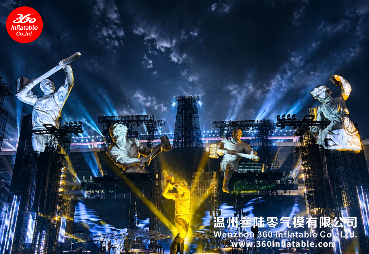Inflation process of large Tao Zhe concert inflatable sculptures, showing the transformation from flat fabric to fully formed three-dimensional figures